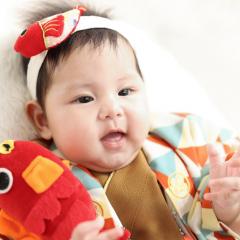 たいのぬいぐるみを握っている赤ちゃん