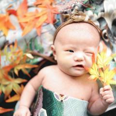 もみじをもつ赤ちゃんの写真