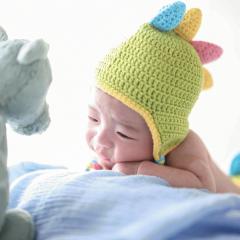 ぬいぐるみと向かい合う赤ちゃんの写真